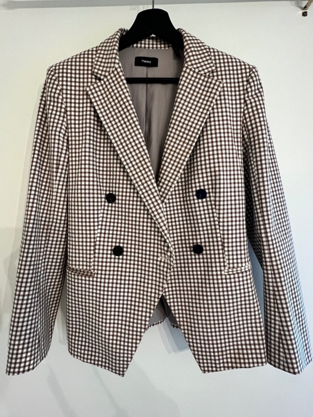 Theory Double Breasted Blazer Size 6 Ivory Grid Check Stretch - Picture 2 of 11